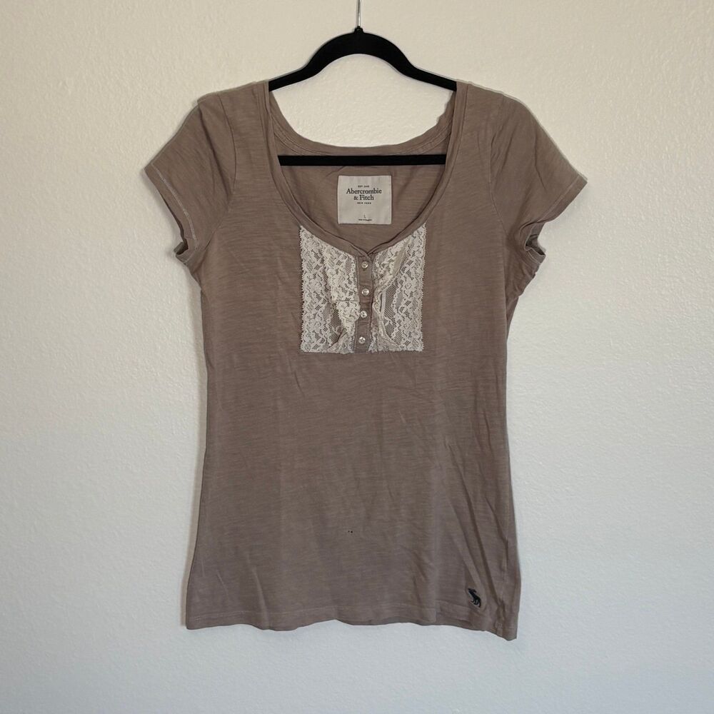 Y2K 2000s Abercrombie & Fitch Brown Babydoll Tee Smocked Lace Ruffle Large